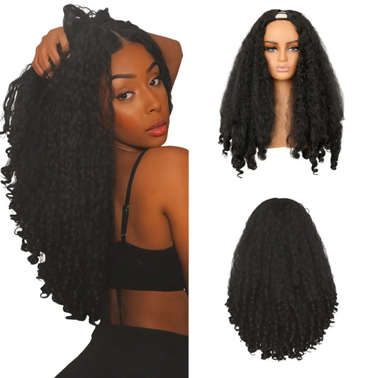20" Afro V Part Wig, Curly Synthetic Hair with Bouncy Ends, No Leave-Out, Clip-In Half Wig for Women